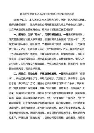 国有企业党委书记2023年抓党建工作述职报告公司汇报总结