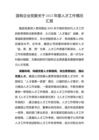 国有企业党委2023年度人才工作情况汇报