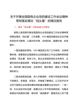 关于开展全国国有企业党的建设工作会议精神“回头看”的情况报告