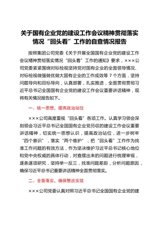 关于国有企业党的建设工作会议精神贯彻落实情况“回头看”工作的自查情况报告