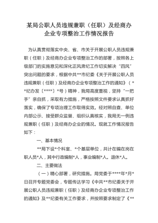 专项整治工作情况报告：某局公职人员违规兼职（任职）及经商办企业专项整治工作情况报告