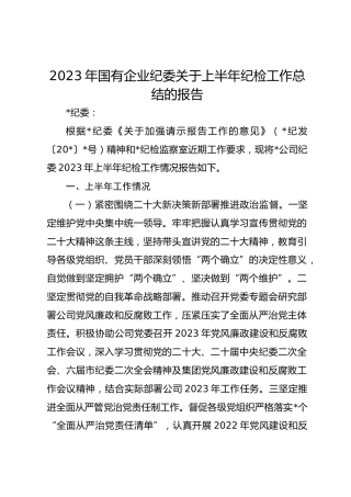 2023年国有企业纪委关于上半年纪检工作总结的报告