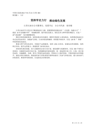 江苏石油分公司董事长、党委书记分公司代表张有根：坚持学史力行推动绿色发展