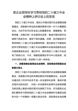 企业领导在学习贯彻党的二十届三中全会精神上研讨会上的发言