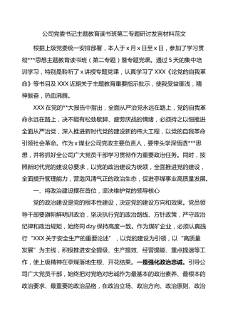 公司党委书记主题教育读书班第二专题研讨发言材料集团企业学习心得体会
