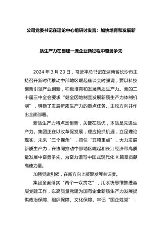 公司党委书记在理论中心组研讨发言：加快培育和发展新质生产力在创建一流企业新征程中奋勇争先
