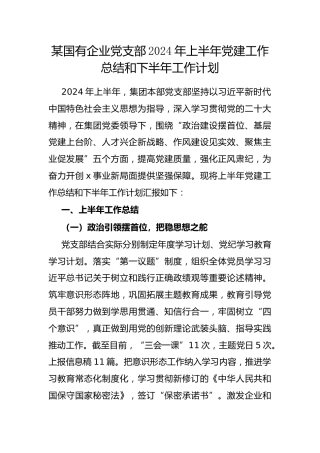 国有企业党支部2024年上半年党建工作总结和下半年工作计划