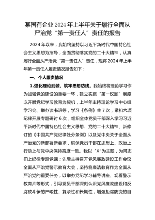 国有企业2024年上半年履行全面从严治党“第一责任人”责任的报告