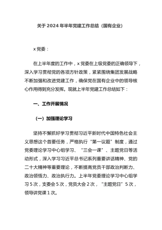 2024年半年党建工作总结（国有企业）