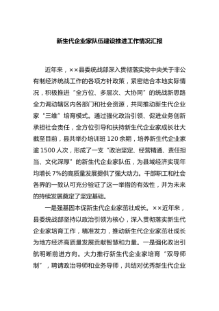 新生代企业家队伍建设推进工作情况汇报