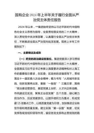 国有企业2024年上半年履行全面从严治党主体责任报告