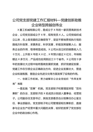 公司党支部党建工作汇报材料—党建创新助推企业转型跨越创伟业