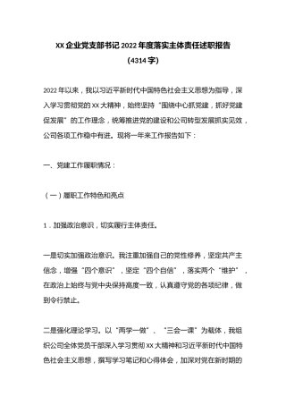 XX企业党支部书记2022年度落实主体责任述职报告（4314字）