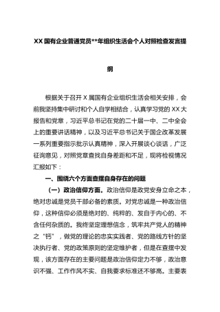 XX国有企业普通党员2022年组织生活会个人对照检查发言提纲