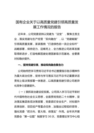 国有企业以高质量党建引领高质量发展工作情况的报告