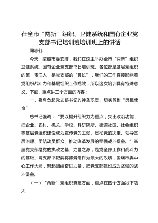 在全市“两新”组织、卫健系统和国有企业党支部书记培训班培训班上的讲话