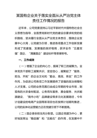 国有企业落实全面从从严治党主体责任工作情况的报告