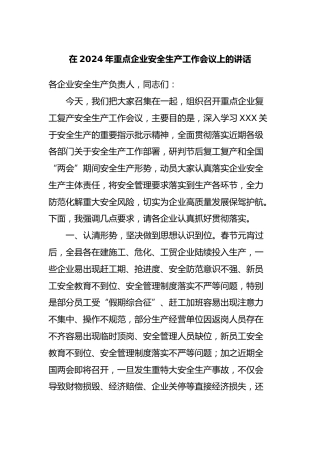 在2024年重点企业安全生产工作会议上的讲话