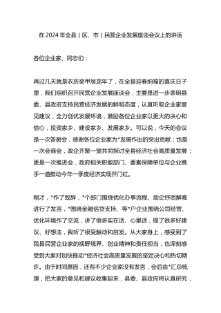 在2024年全县（区、市）民营企业发展座谈会议上的讲话