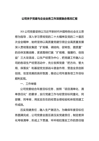 公司党建与企业业务工作深度融合情况汇报