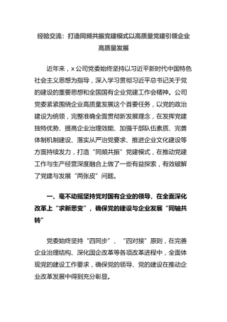 经验交流：打造同频共振党建模式以高质量党建引领企业高质量发展