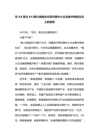 在XX县与XX银行战略合作签约暨中小企业集中授信仪式上的致辞