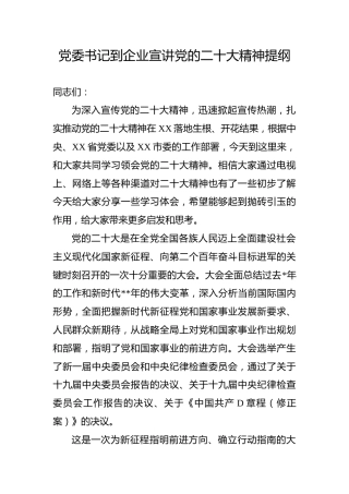 党委书记到企业宣讲党的二十大精神提纲