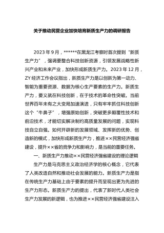 推动民营企业加快培育新质生产力的调研报告