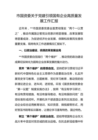 市国资委党建引领国有企业高质量发展工作汇报