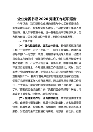20201213：企业党委书记2020党建工作述职报告