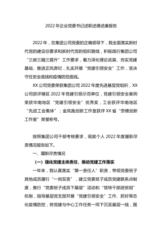 2022年企业党委书记述职述德述廉报告