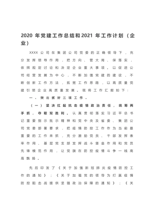 20201028：2020年党建工作总结和2021年工作计划（企业）
