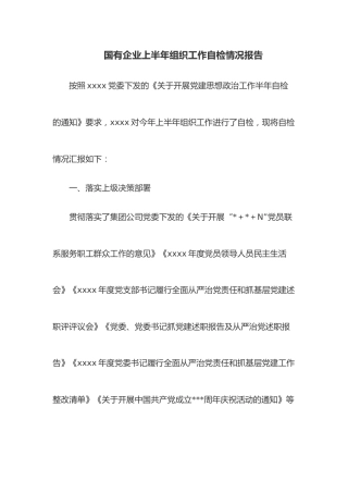 国有企业上半年组织工作自检情况报告
