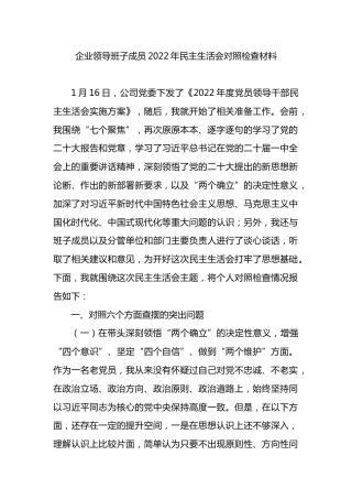企业领导班子成员2022年民主生活会对照检查材料
