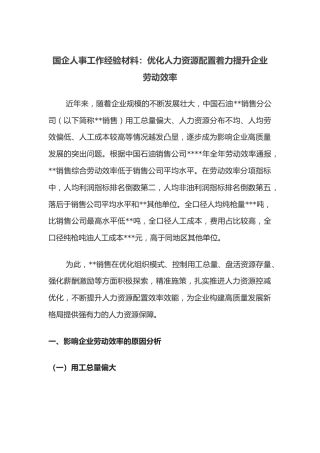 国企人事工作经验材料：优化人力资源配置着力提升企业劳动效率