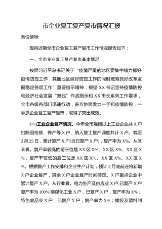 20200229：全市企业复工复产复市情况汇报