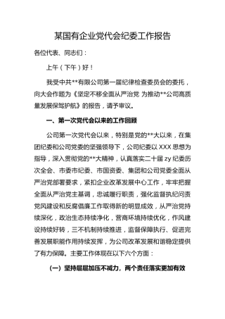 国有企业党代会纪委工作报告