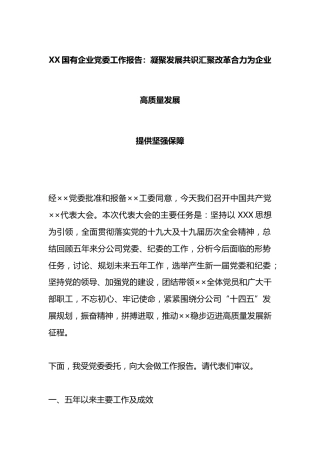 国有企业党委工作报告：凝聚发展共识汇聚改革合力为企业高质量发展提供坚强保障