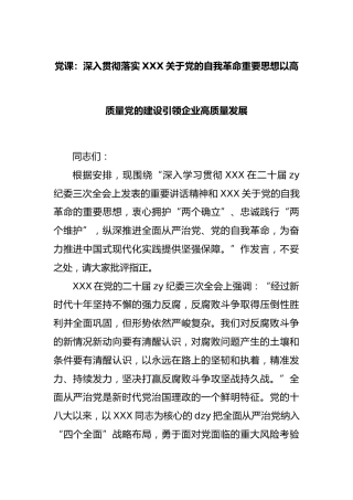 党课：深入贯彻落实习近平总书记党的自我革命重要思想以高质量党的建设引领企业高质量发展