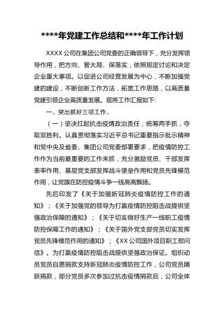 2020年党建工作总结和2021年工作计划（企业）