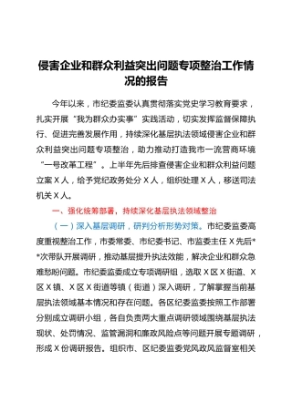 侵害企业和群众利益突出问题专项整治工作情况的报告