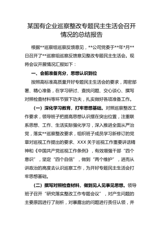 国有企业巡察整改专题民主生活会召开情况的总结报告