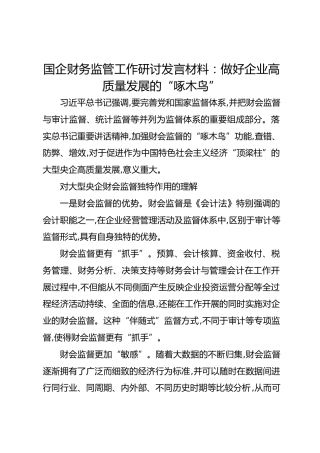 国企财务监管工作研讨发言材料：做好企业高质量发展的“啄木鸟”