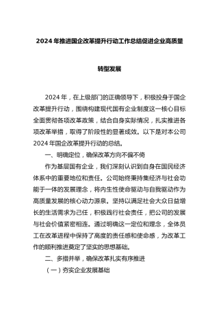 2024 年推进国企改革提升行动工作总结 促进企业高质量转型发展