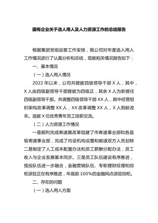 国有企业选人用人及人力资源工作的总结报告