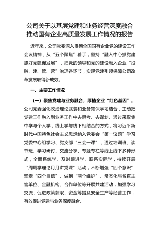 公司以基层党建和业务经营深度融合推动国有企业高质量发展工作情况的报告