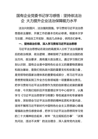 国有企业党委书记学习感悟：坚持依法治企 大力提升企业法治保障能力水平