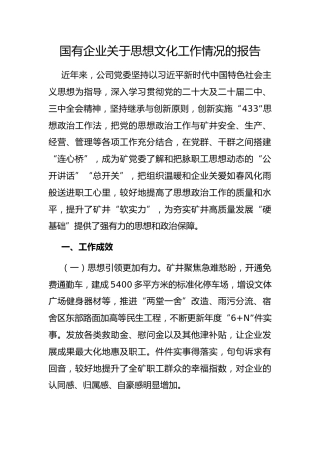 国有企业思想文化工作情况的报告