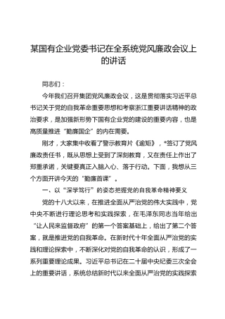 国有企业党委书记在全系统党风廉政会议上的讲话