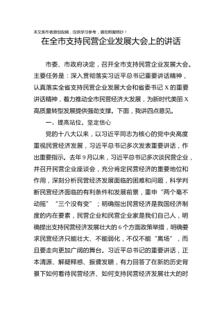 在全市支持民营企业发展大会上的讲话(1)